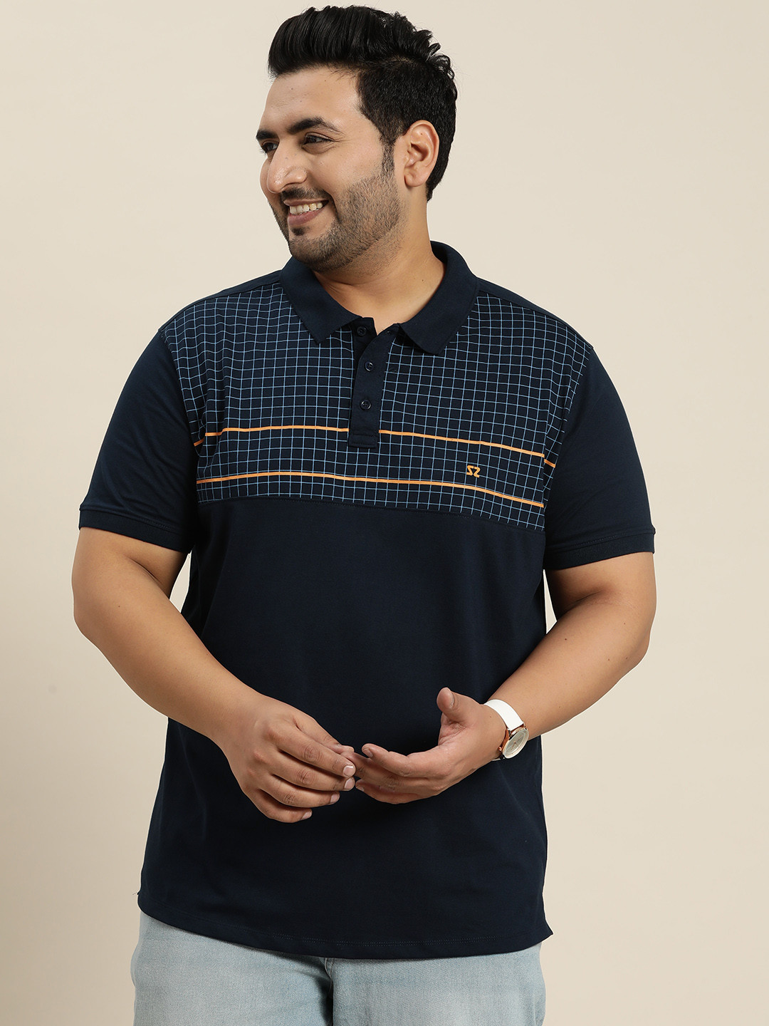 

Sztori Plus Size Checked Polo Collar T-shirt, Navy blue