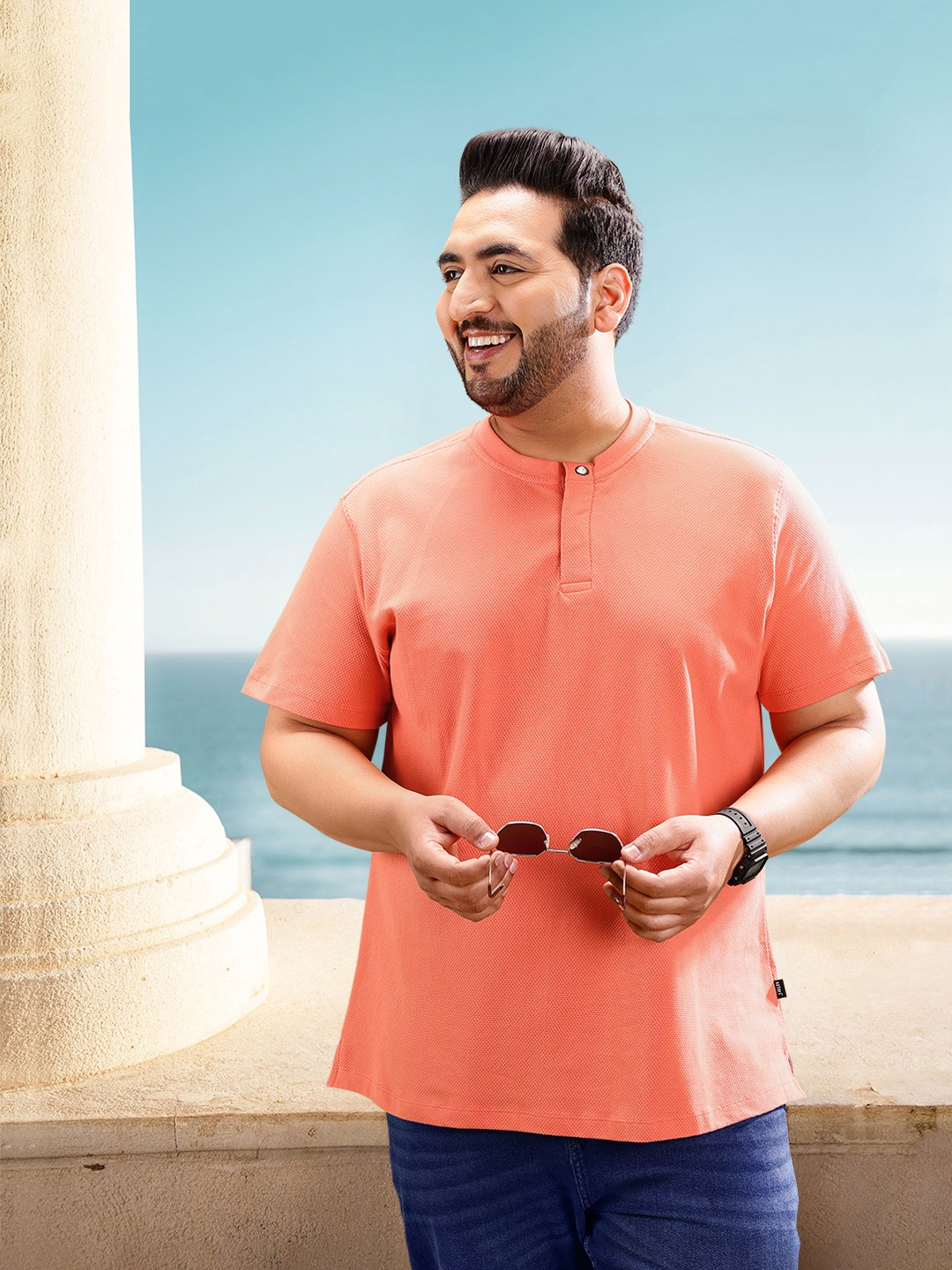 

Sztori Plus Size Textured Pure Cotton T-shirt, Coral