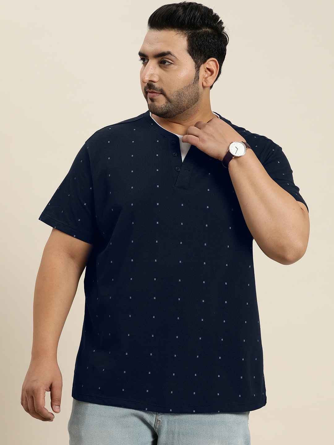 

Sztori Plus Size Men Printed Round Neck T-shirt, Navy blue