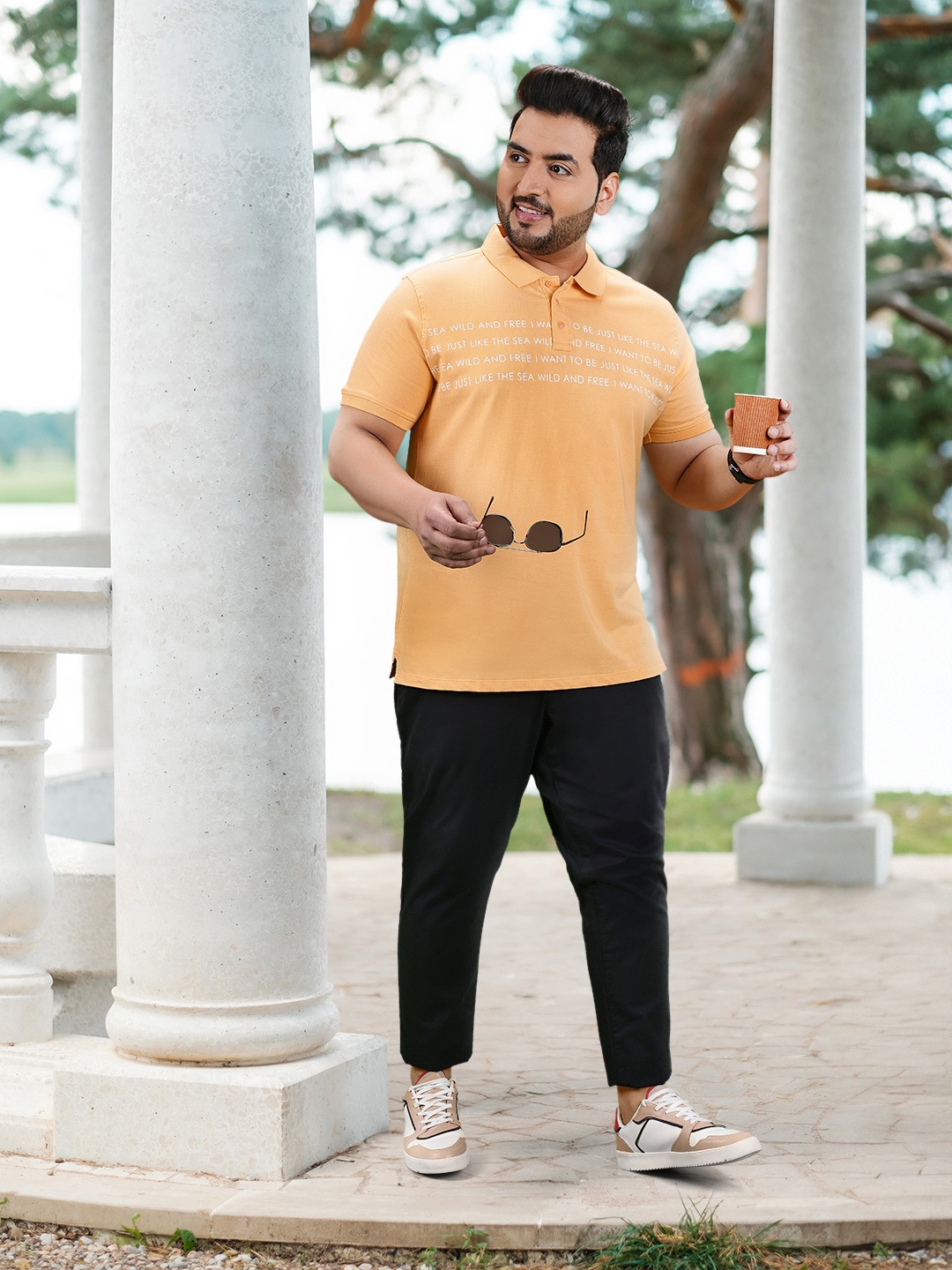 

Sztori Men Plus Size Typography Printed Polo Collar Pure Cotton T-shirt, Orange