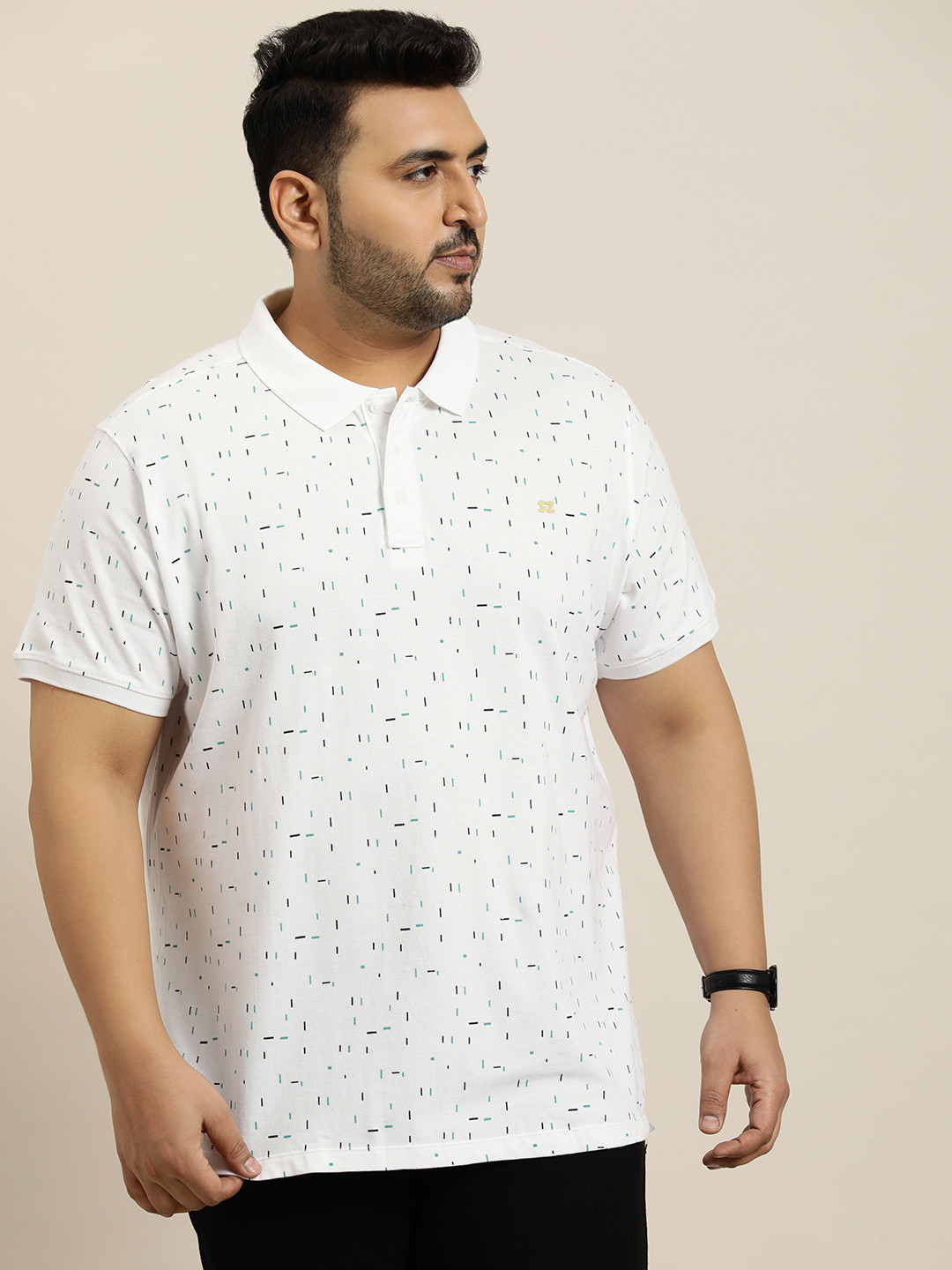 

Sztori Plus Size Printed Polo Collar Pure Cotton T-shirt, White