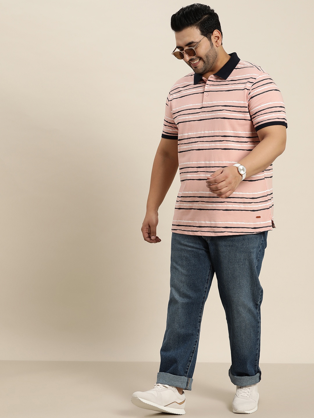 

Sztori Plus Size Men Striped Polo Collar Pure Cotton T-shirt, Pink
