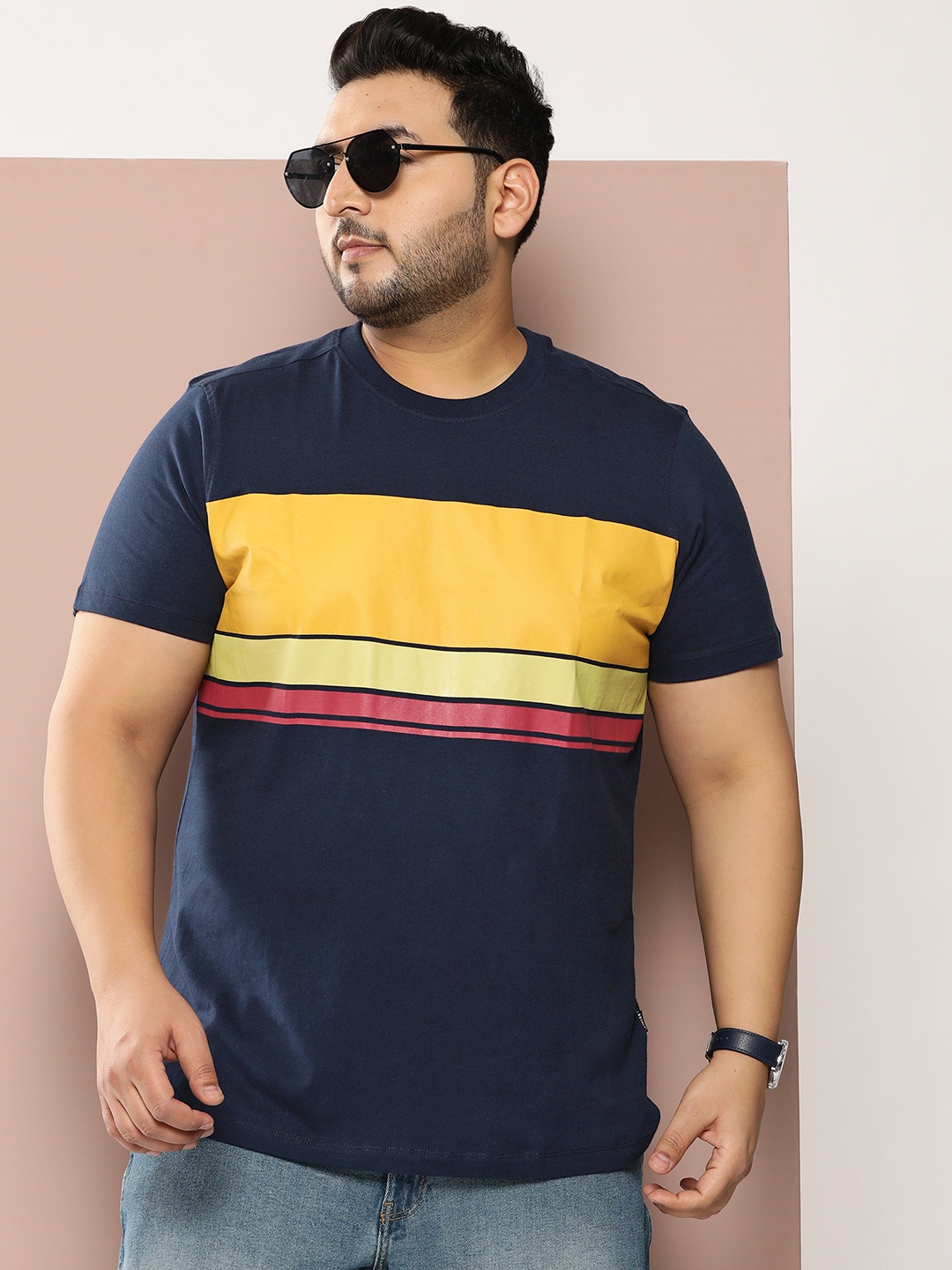 

Sztori Plus Size Striped Pure Cotton T-shirt, Navy blue