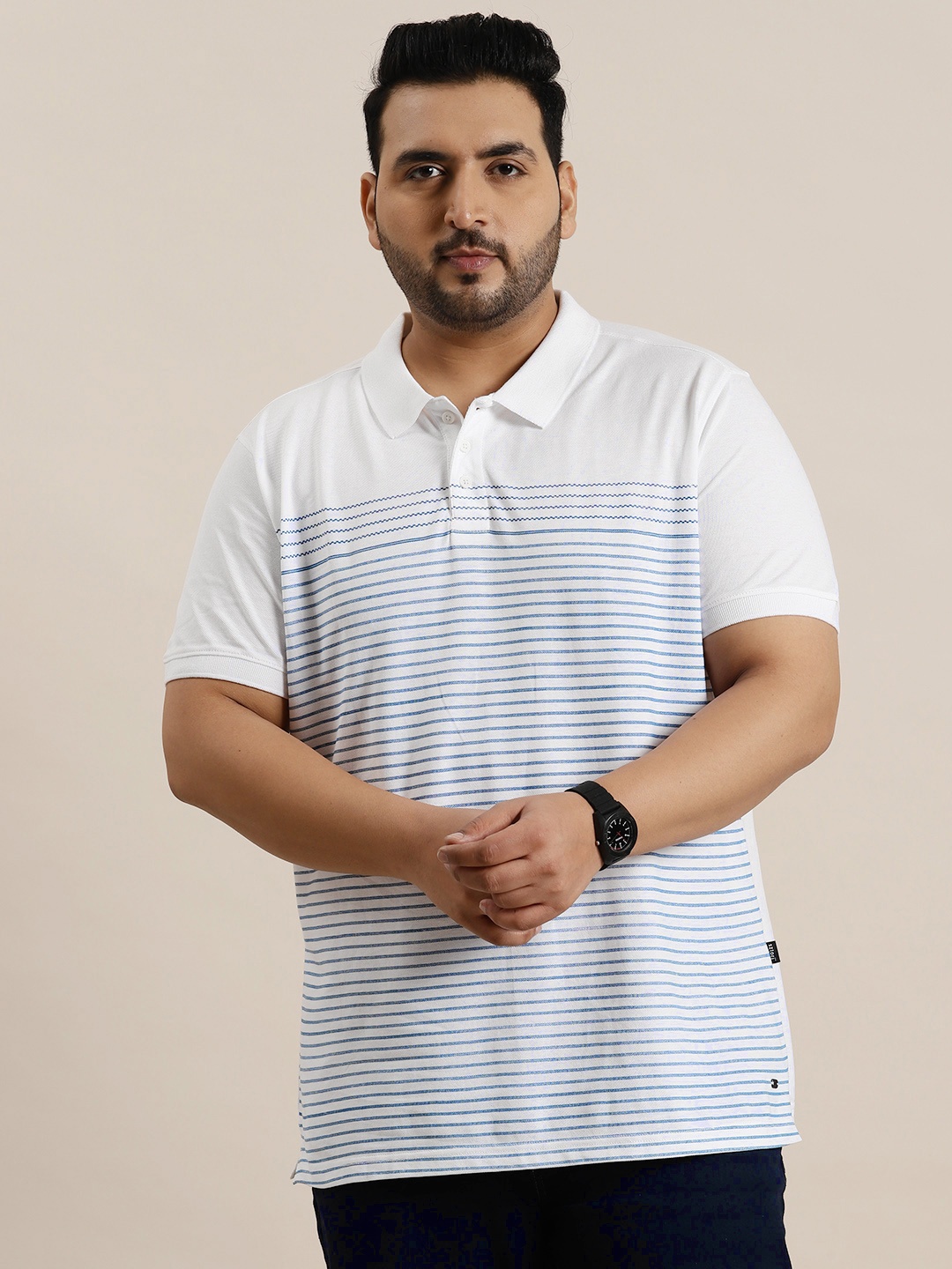 

Sztori Plus Size Pure Cotton Striped Polo Collar T-shirt, White