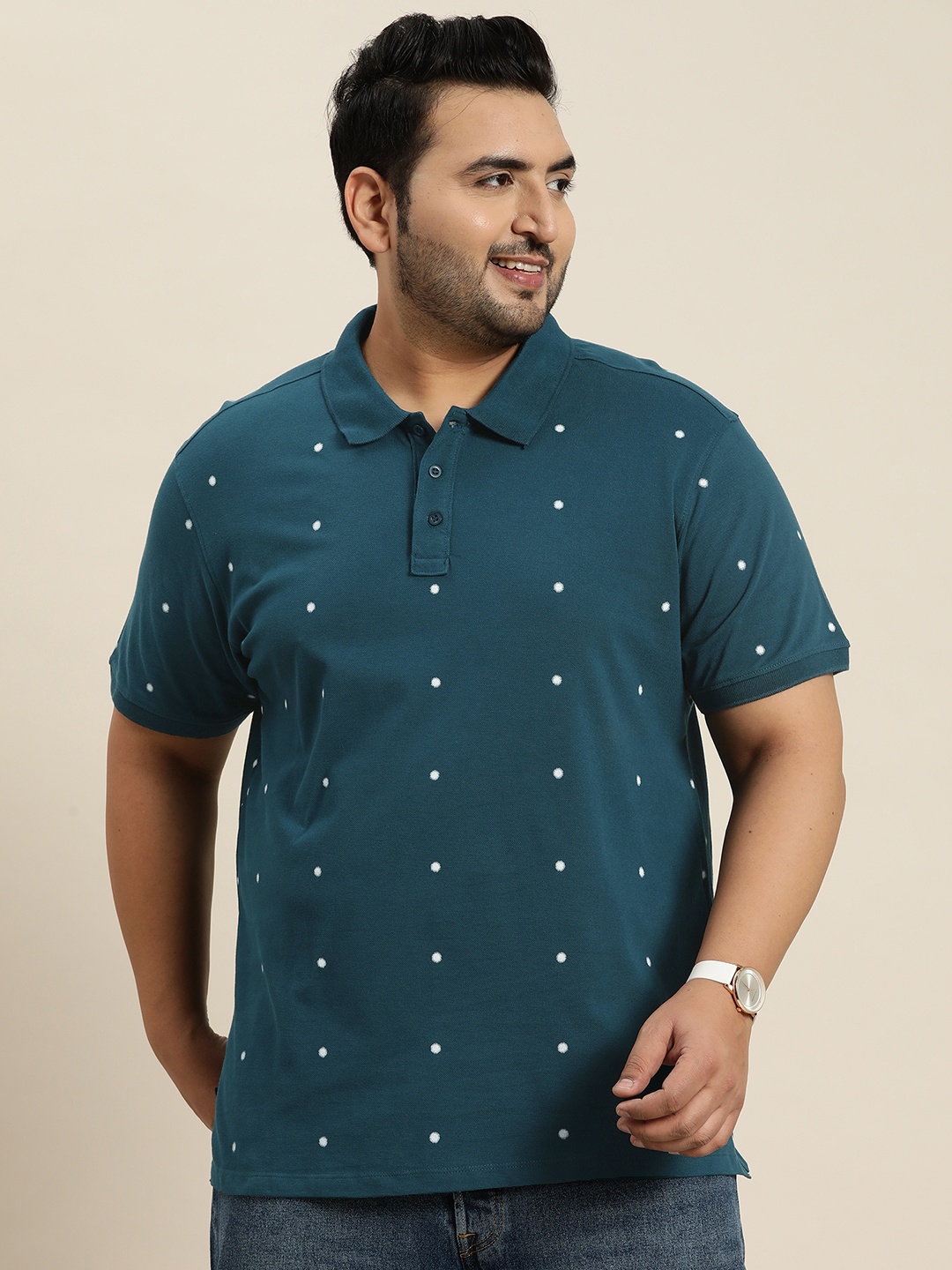 

Sztori Plus Size Men Ditsy Print Polo Collar Pure Cotton T-shirt, Teal