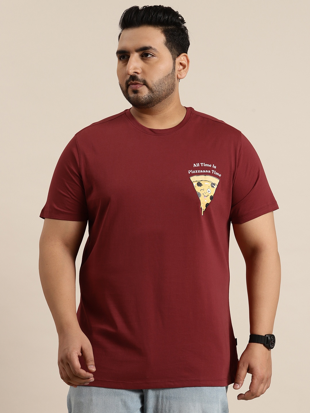 

Sztori Plus Size Printed Pure Cotton T-shirt, Maroon