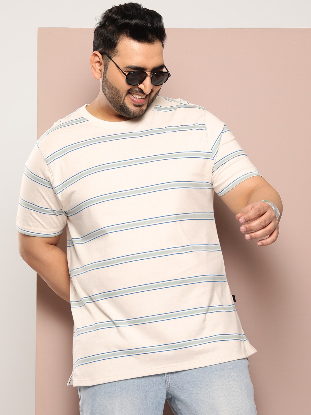 

Sztori Plus Size Striped Pure Cotton T-shirt, Off white