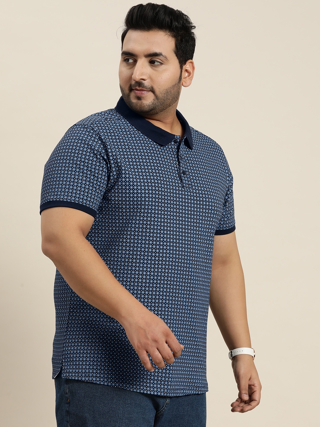 

Sztori Plus Size Printed Polo Collar Pure Cotton T-shirt, Blue