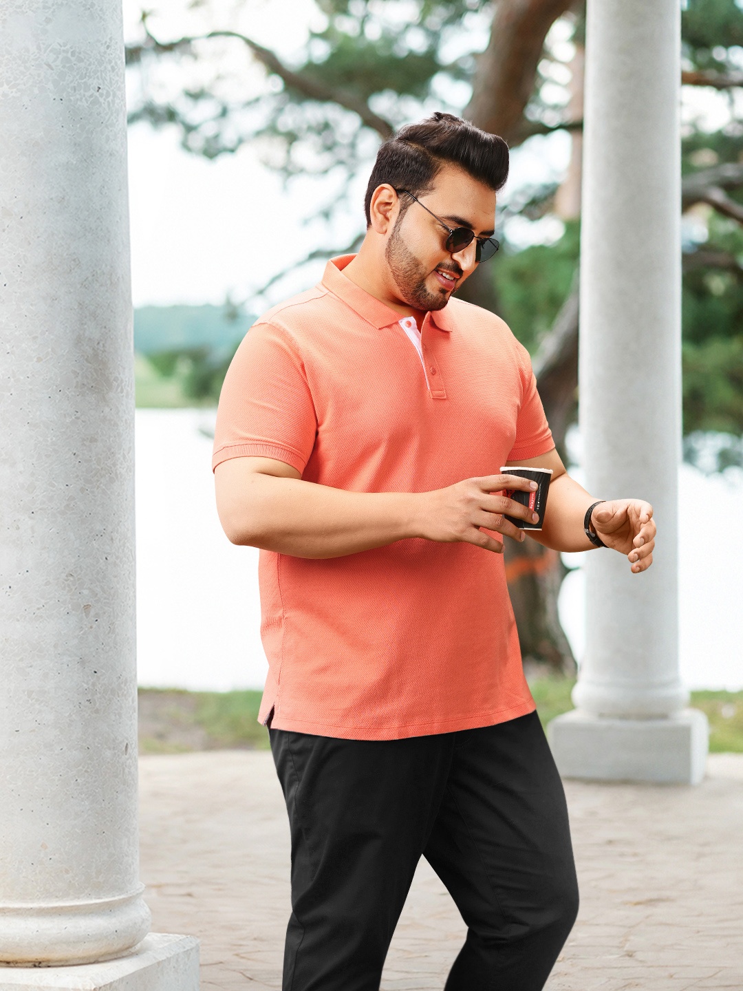 

Sztori Plus Size Textured Polo Collar Pure Cotton T-shirt, Coral