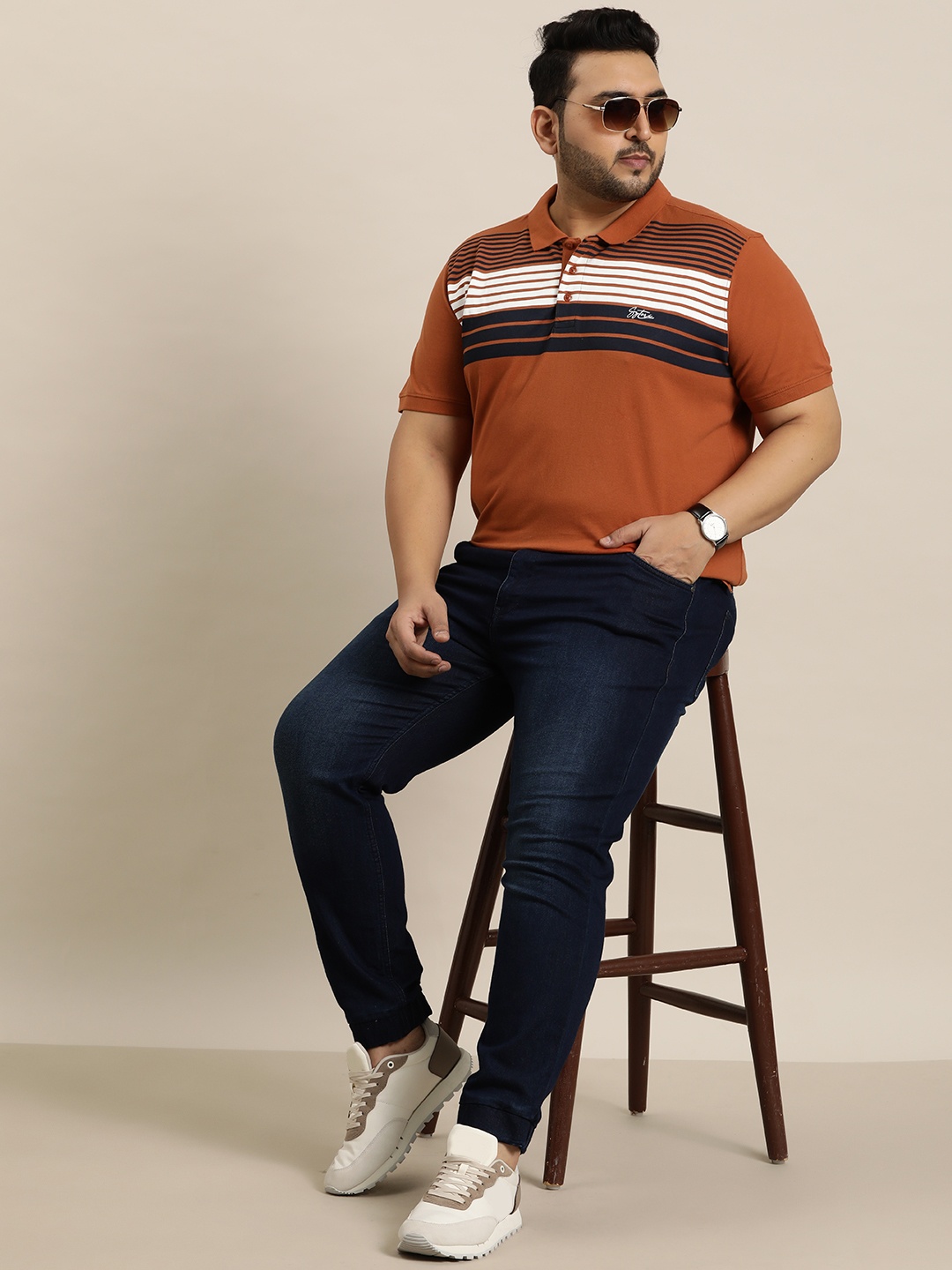 

Sztori Plus Size Striped Polo Collar Pure Cotton T-shirt, Rust