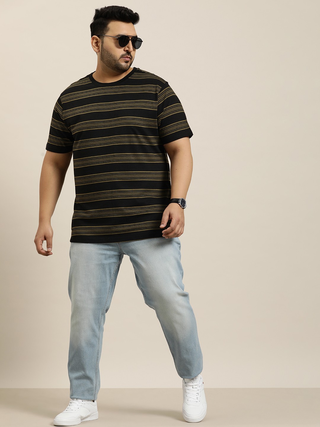 

Sztori Plus Size Striped Pure Cotton T-shirt, Black