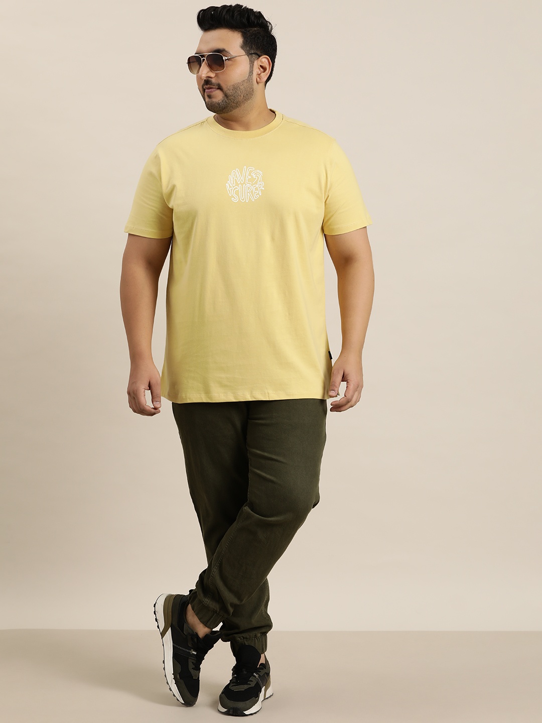 Sztori Plus Size Typography Printed Pure Cotton T-shirt, Yellow