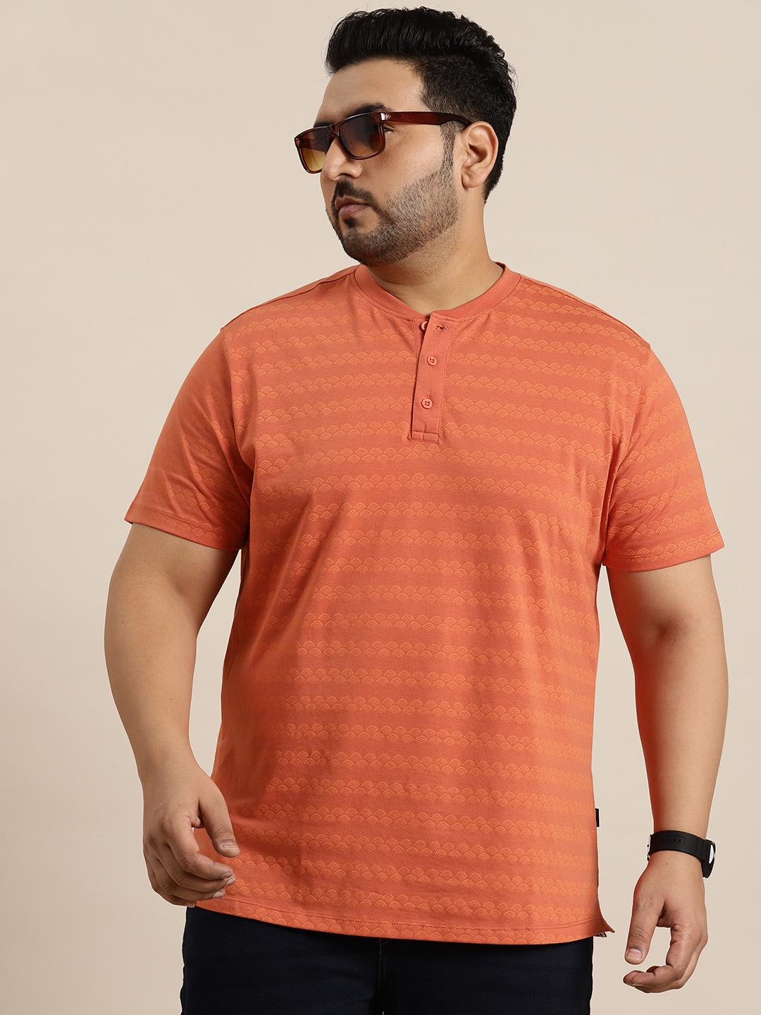 

Sztori Men Plus Size Geometric Print Pure Cotton T-shirt, Orange