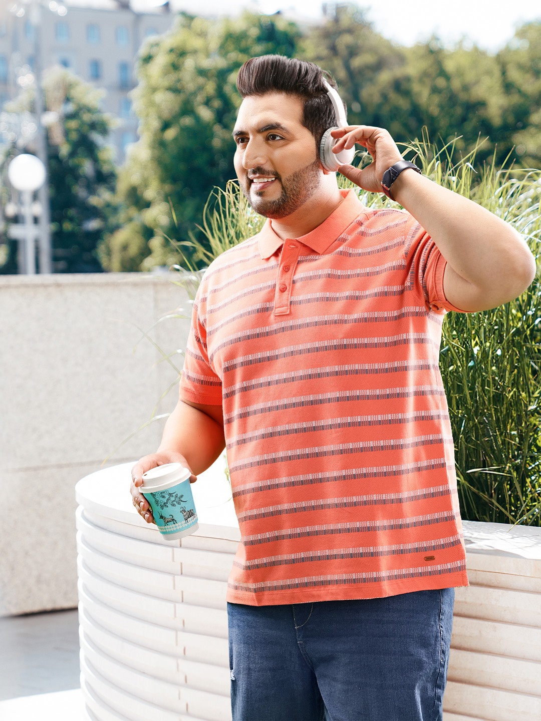 

Sztori Plus Size Striped Polo Collar Pure Cotton T-shirt, Coral