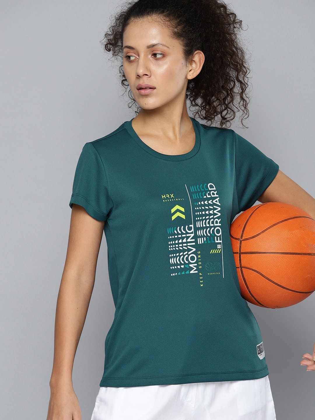 

HRX by Hrithik Roshan Women Rapid-Dry Typography Printed Basketball T-shirt, Teal