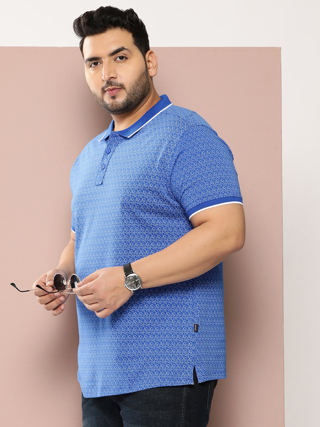 

Sztori Plus Size Printed Polo Collar Pure Cotton T-shirt, Blue