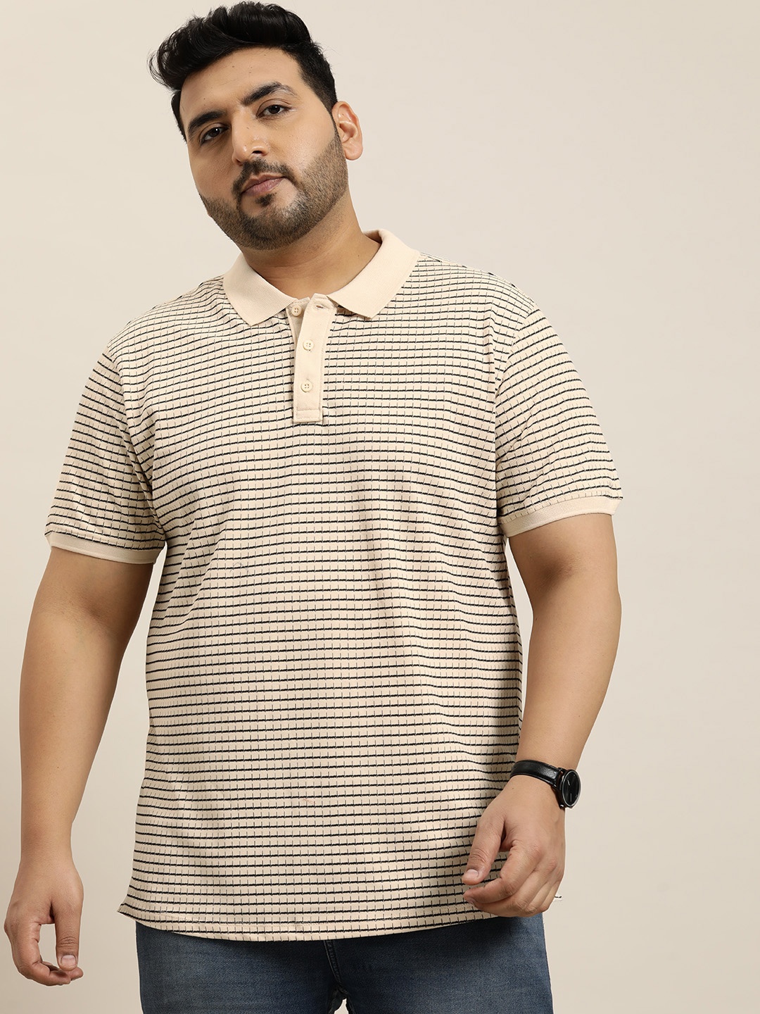 

Sztori Plus Size Checked Polo Collar Pure Cotton T-shirt, Beige
