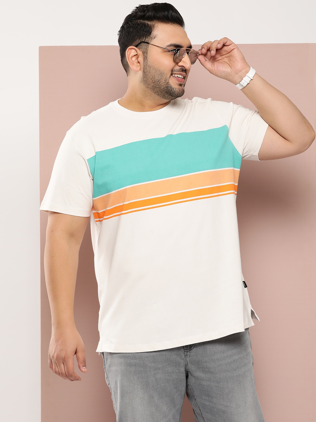 

Sztori Plus Size Striped Pure Cotton T-shirt, Off white