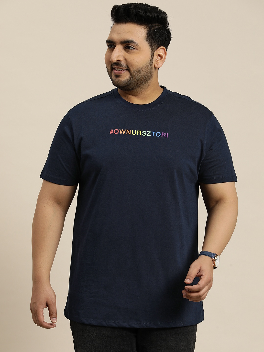 

Sztori Plus Size Typography Detail Pure Cotton T-shirt, Navy blue