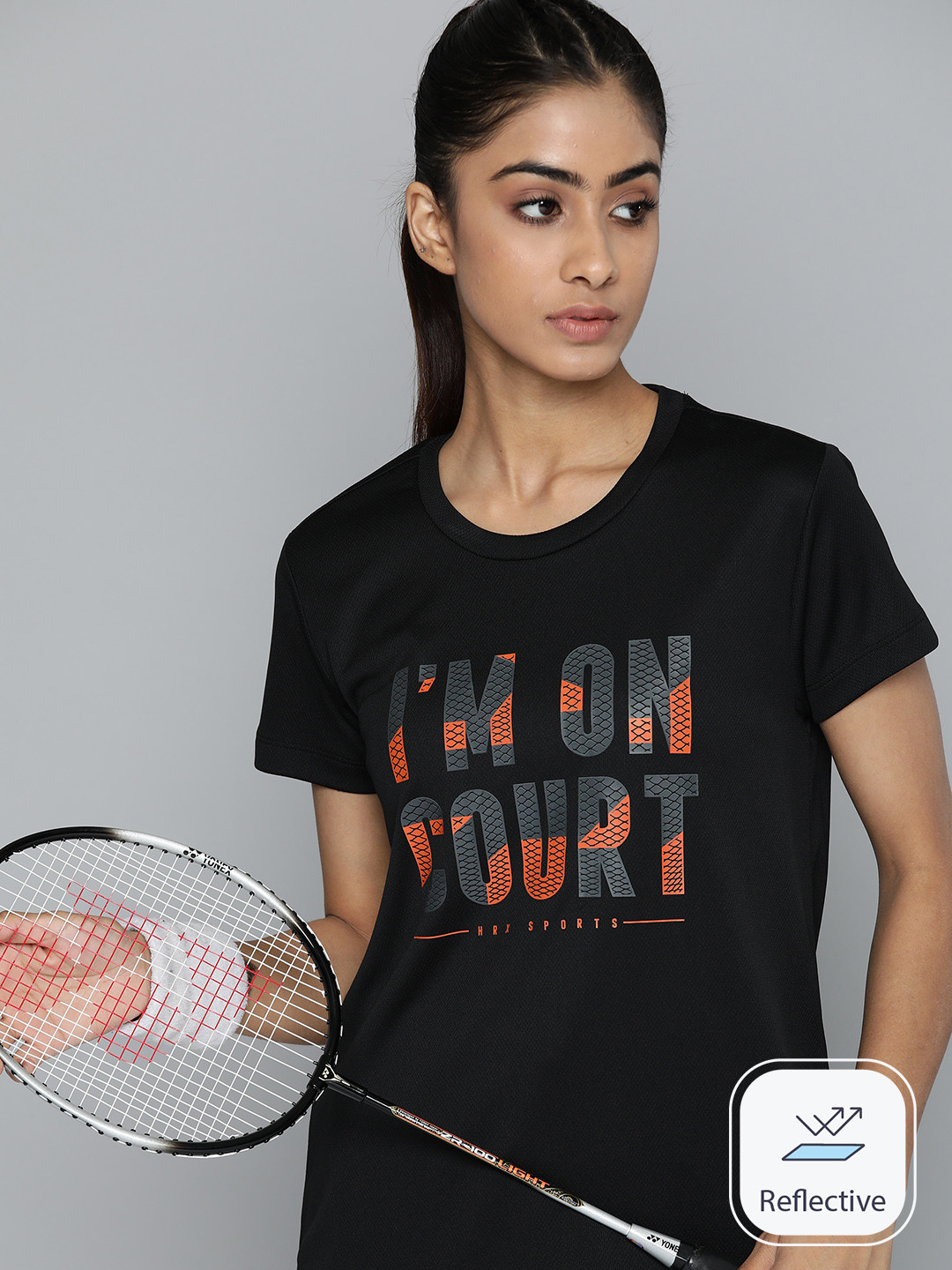 

HRX by Hrithik Roshan Brand Logo Printed Rapid-Dry Badminton T-shirt, Black