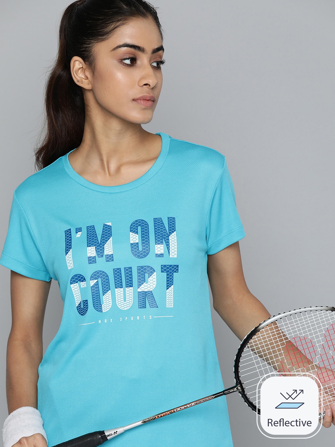 

HRX by Hrithik Roshan Brand Logo Printed Rapid-Dry Badminton T-shirt, Blue