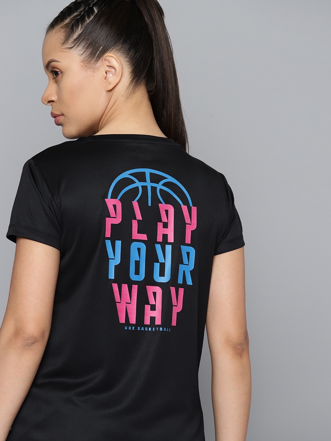 

HRX by Hrithik Roshan Women Typography Printed Rapid- Dry Antimicrobial Basketball T-shirt, Black