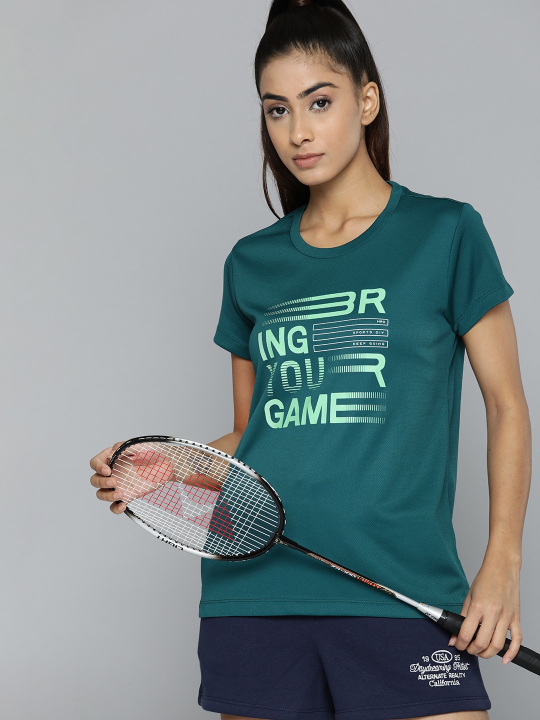 

HRX by Hrithik Roshan Rapid-Dry Typography Printed Racket Sports T-shirt, Green