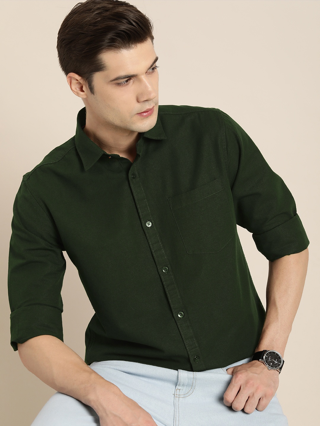 

INVICTUS Pure Cotton Slim Fit Casual Shirt, Olive