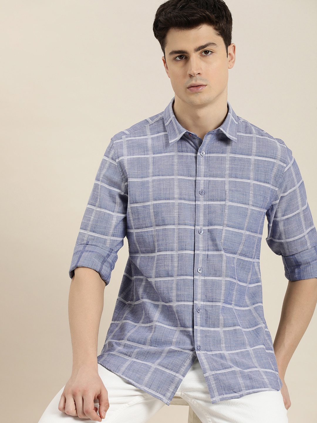 

INVICTUS Men Pure Cotton Slim Fit Windowpane Checks Opaque Casual Shirt, Blue