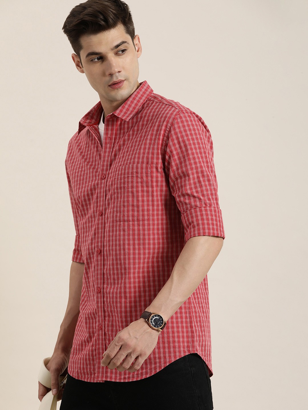 

INVICTUS Pure Cotton Slim Fit Checked Casual Shirt, Red