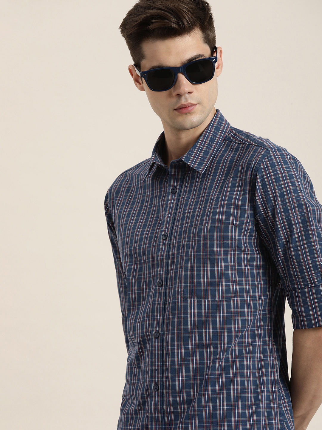 

INVICTUS Pure Cotton Slim Fit Tartan Checked Casual Shirt, Blue
