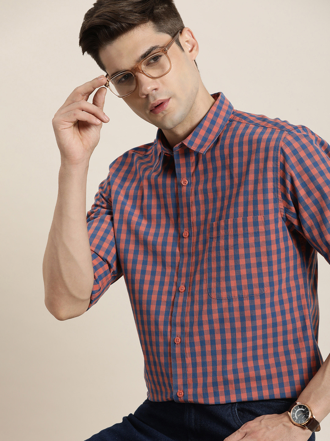 

INVICTUS Pure Cotton Slim Fit Gingham Checked Casual Shirt, Rust