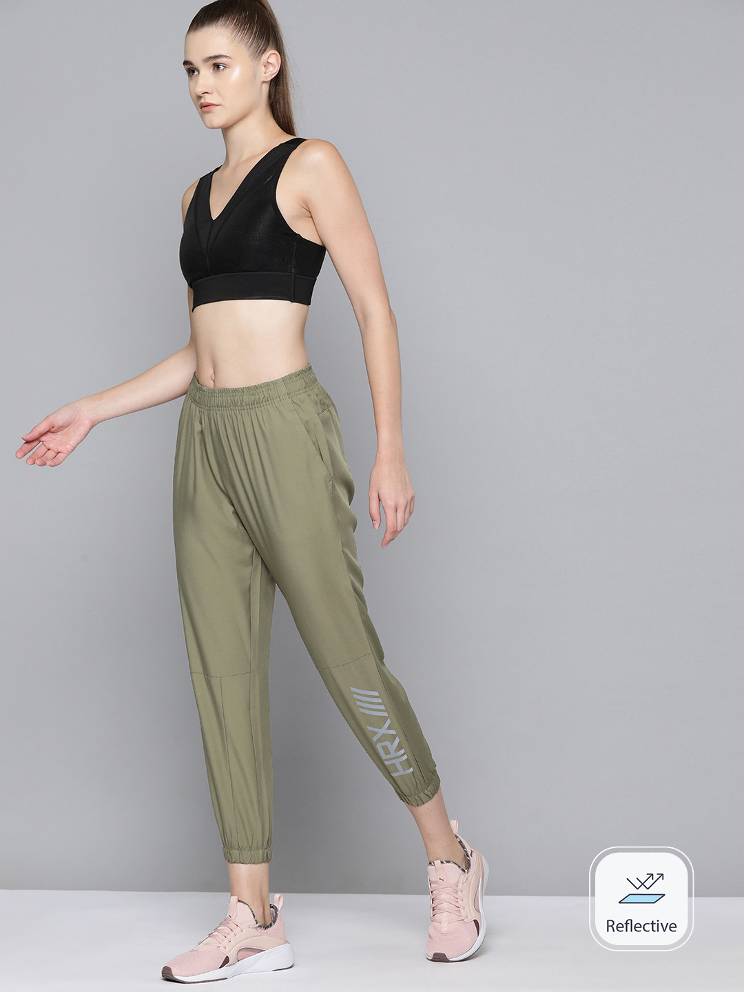 

HRX by Hrithik Roshan Women Brand Logo Print Rapid-Dry Cropped Running Joggers, Olive