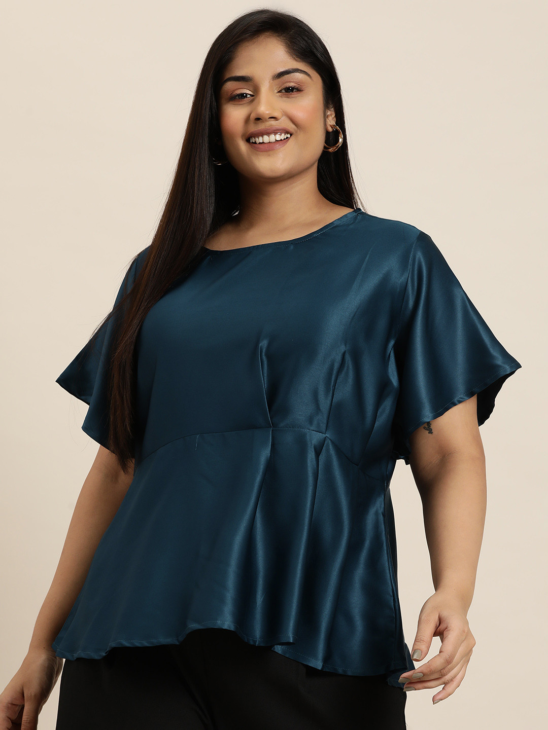 

Sztori Plus Size Satin Finish Pleated A-Line Top, Teal