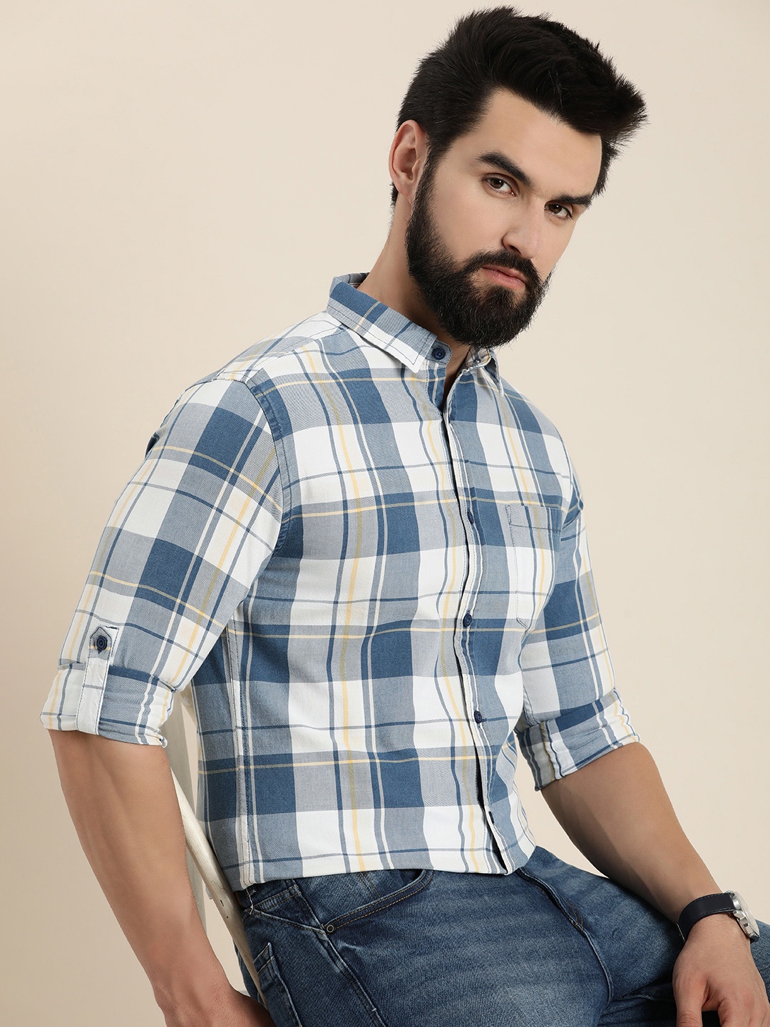 

Moda Rapido Men Pure Cotton Slim Fit Checked Casual Shirt, Blue