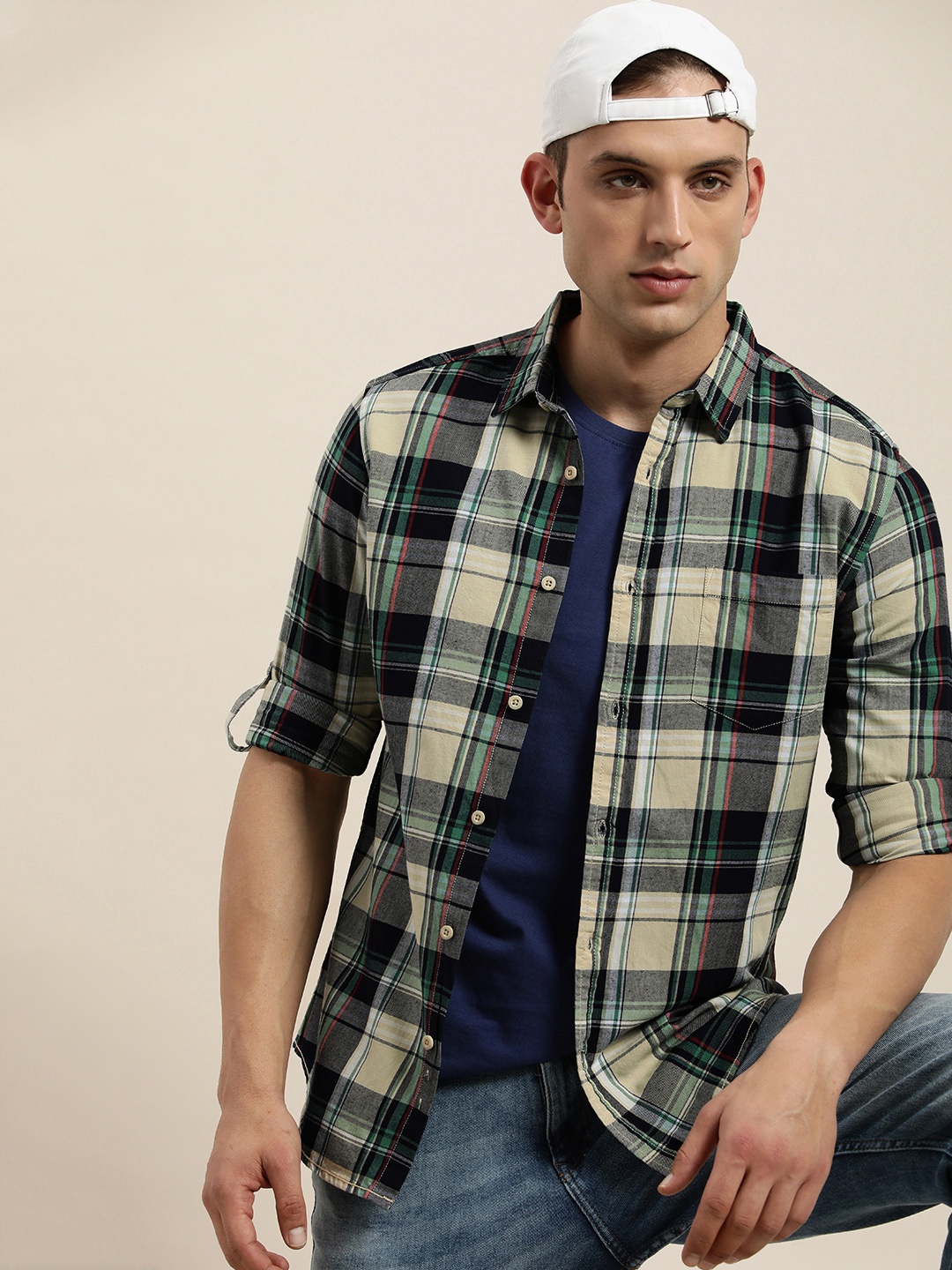 

Moda Rapido Men Pure Cotton Slim Fit Opaque Checked Casual Shirt, Beige