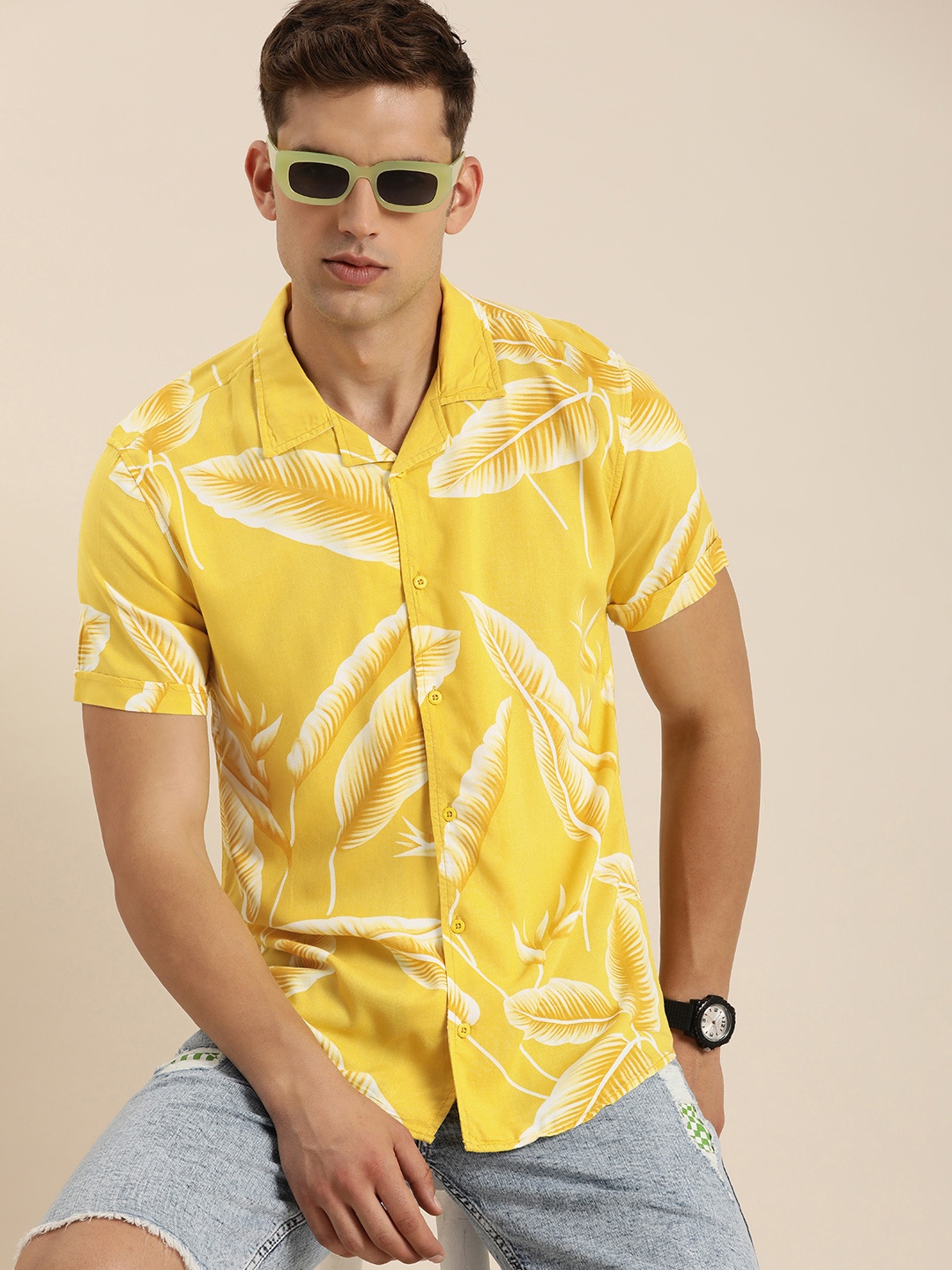 

Moda Rapido Slim Fit Tropical Printed Casual Shirt, Yellow