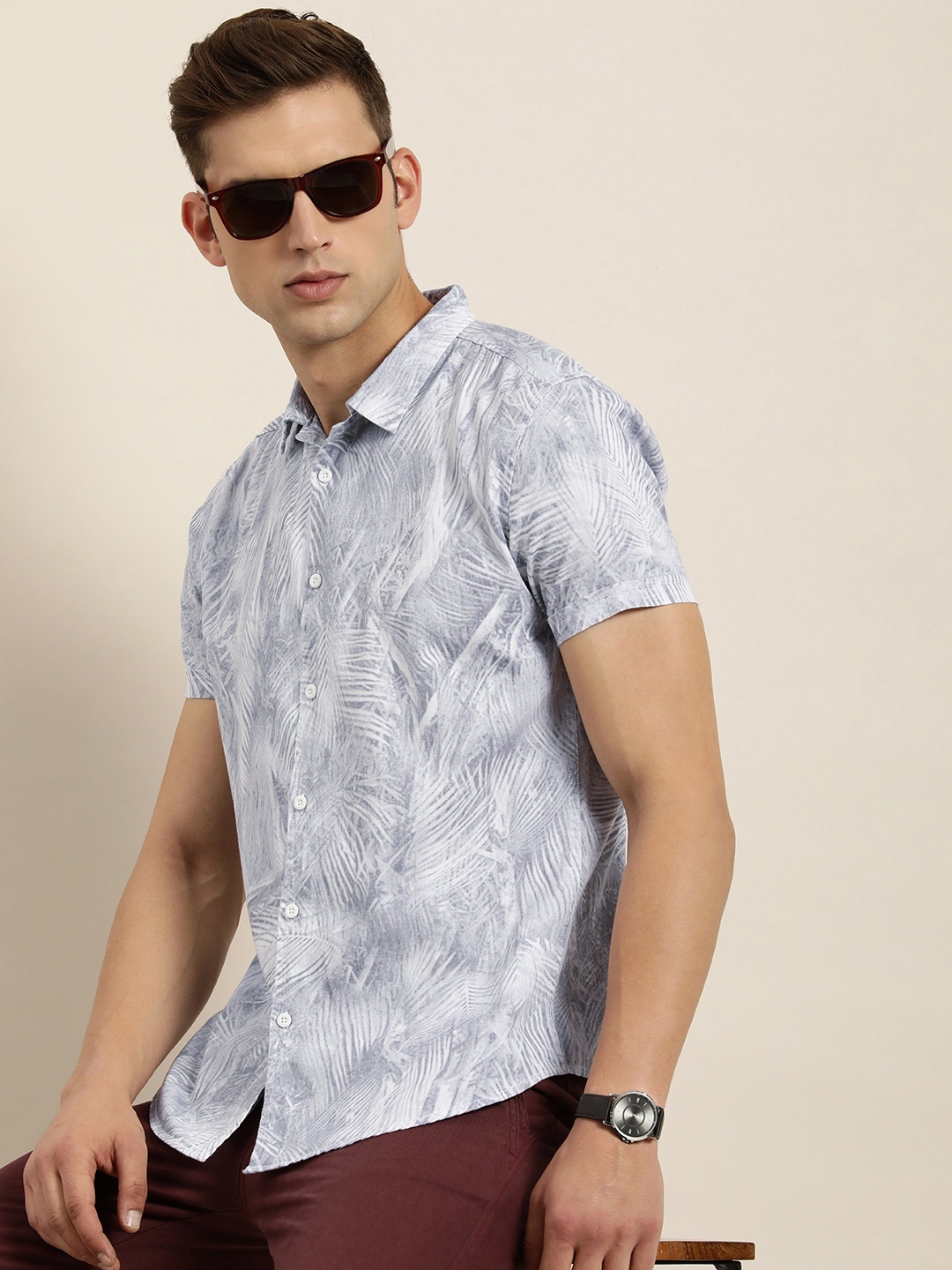 

Moda Rapido Men Slim Fit Abstract Printed Cuban Collar Casual Shirt, Grey