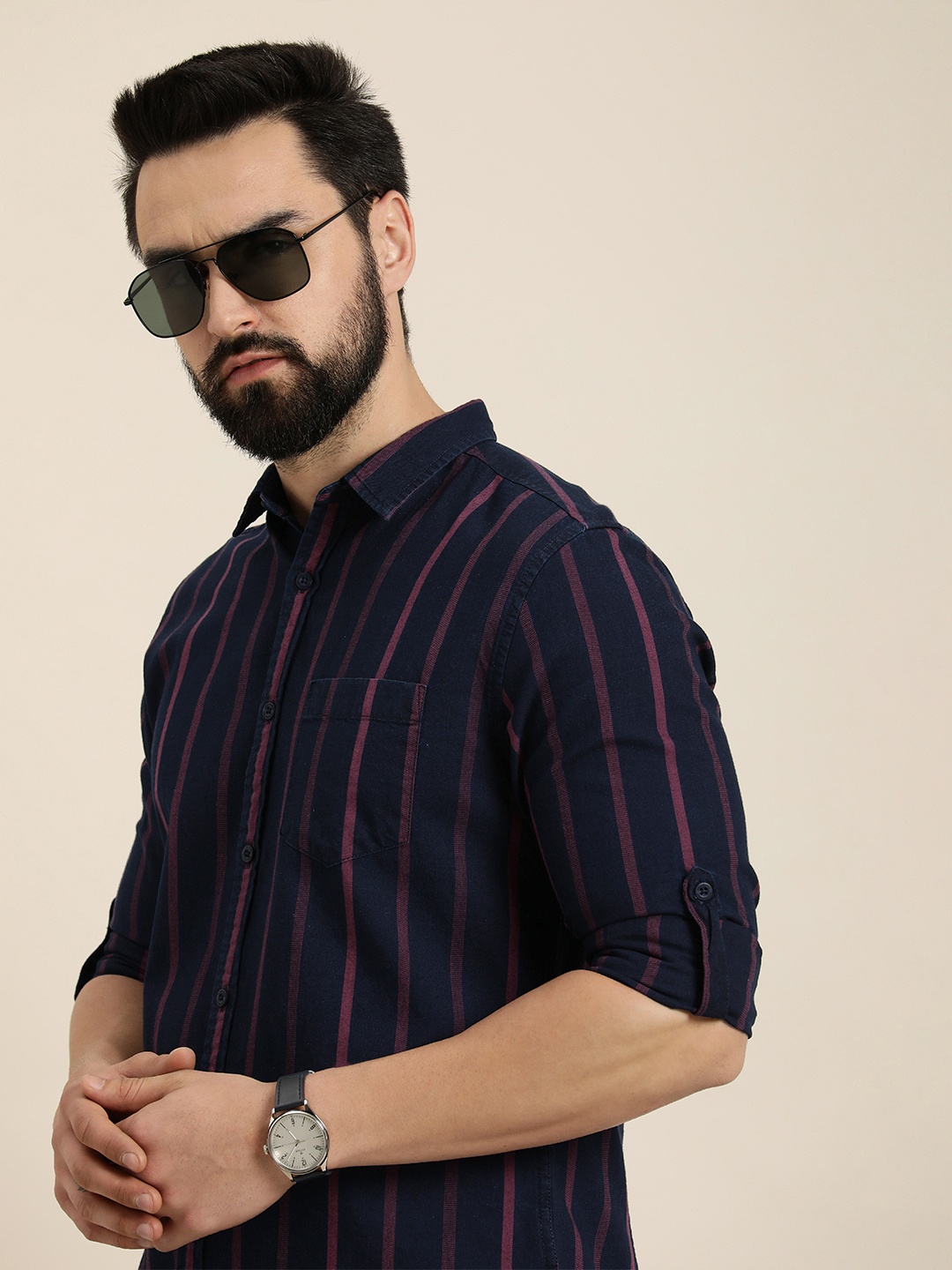 

Moda Rapido Pure Cotton Slim Fit Striped Casual Shirt, Navy blue