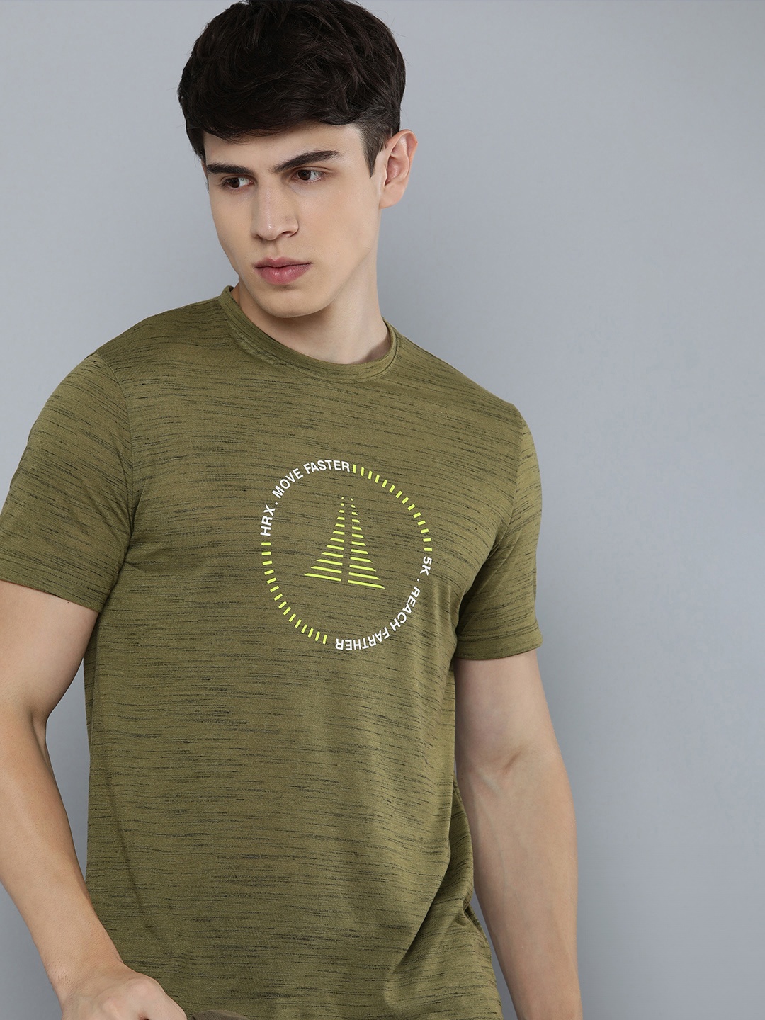 

HRX by Hrithik Roshan Regular Fit Graphic Typography Printed Rapid-Dry Running T-shirt, Olive