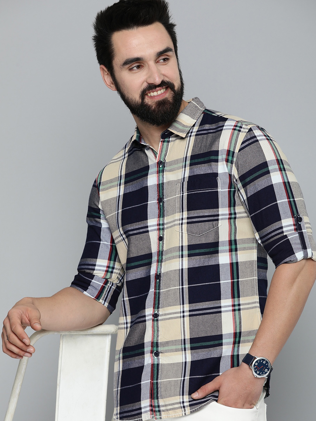 

HERE&NOW Men Pure Cotton Slim Fit Checked Casual Shirt, Navy blue