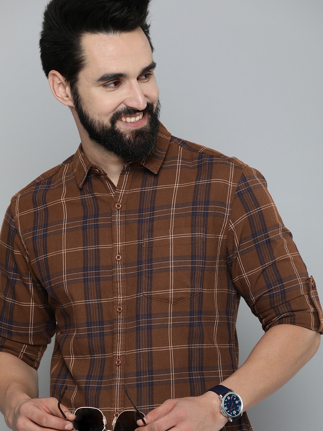 

HERE&NOW Men Pure Cotton Slim Fit Checked Casual Shirt, Brown