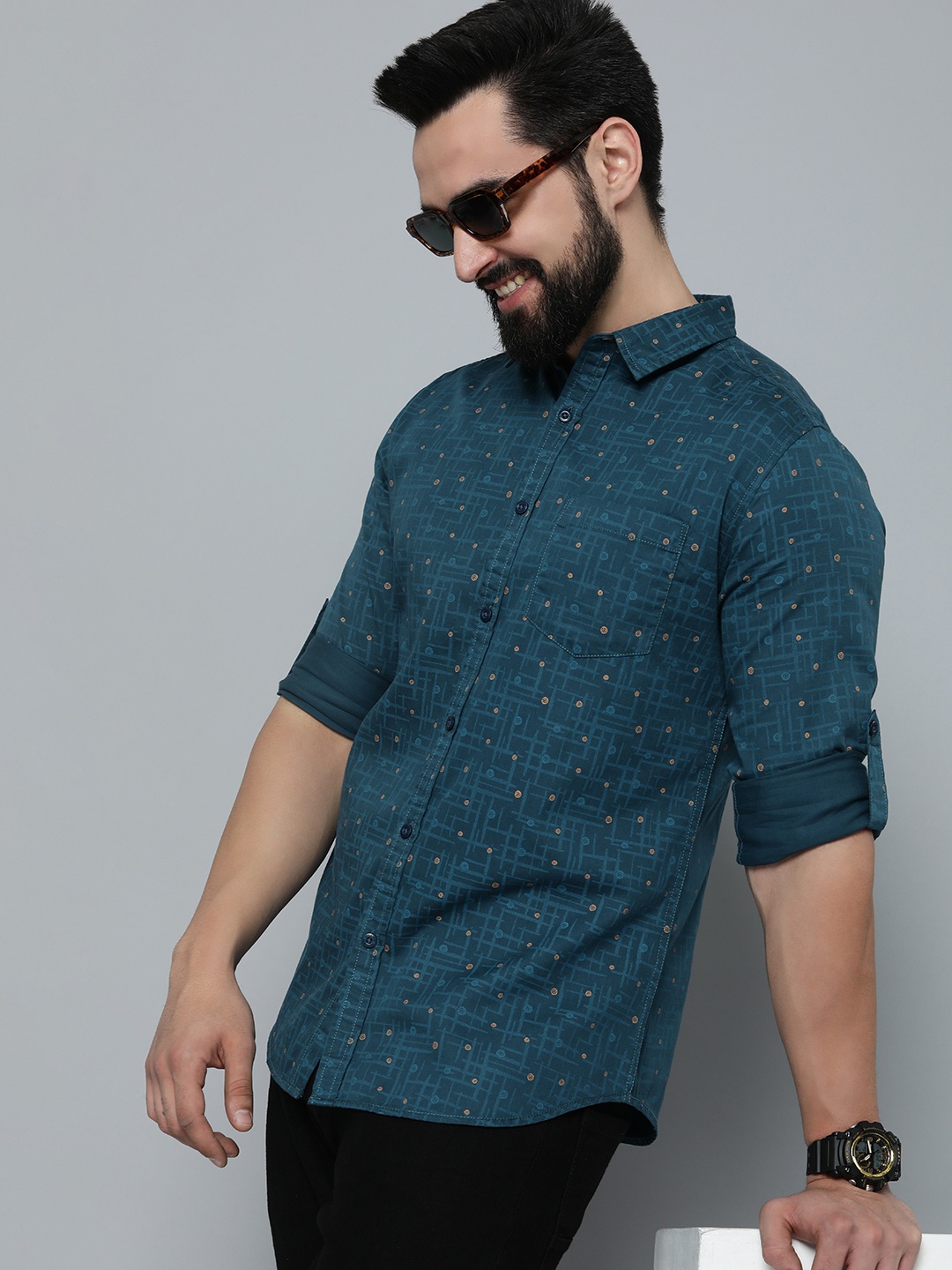 

HERE&NOW Slim Fit Geometric Printed Pure Cotton Casual Shirt, Blue