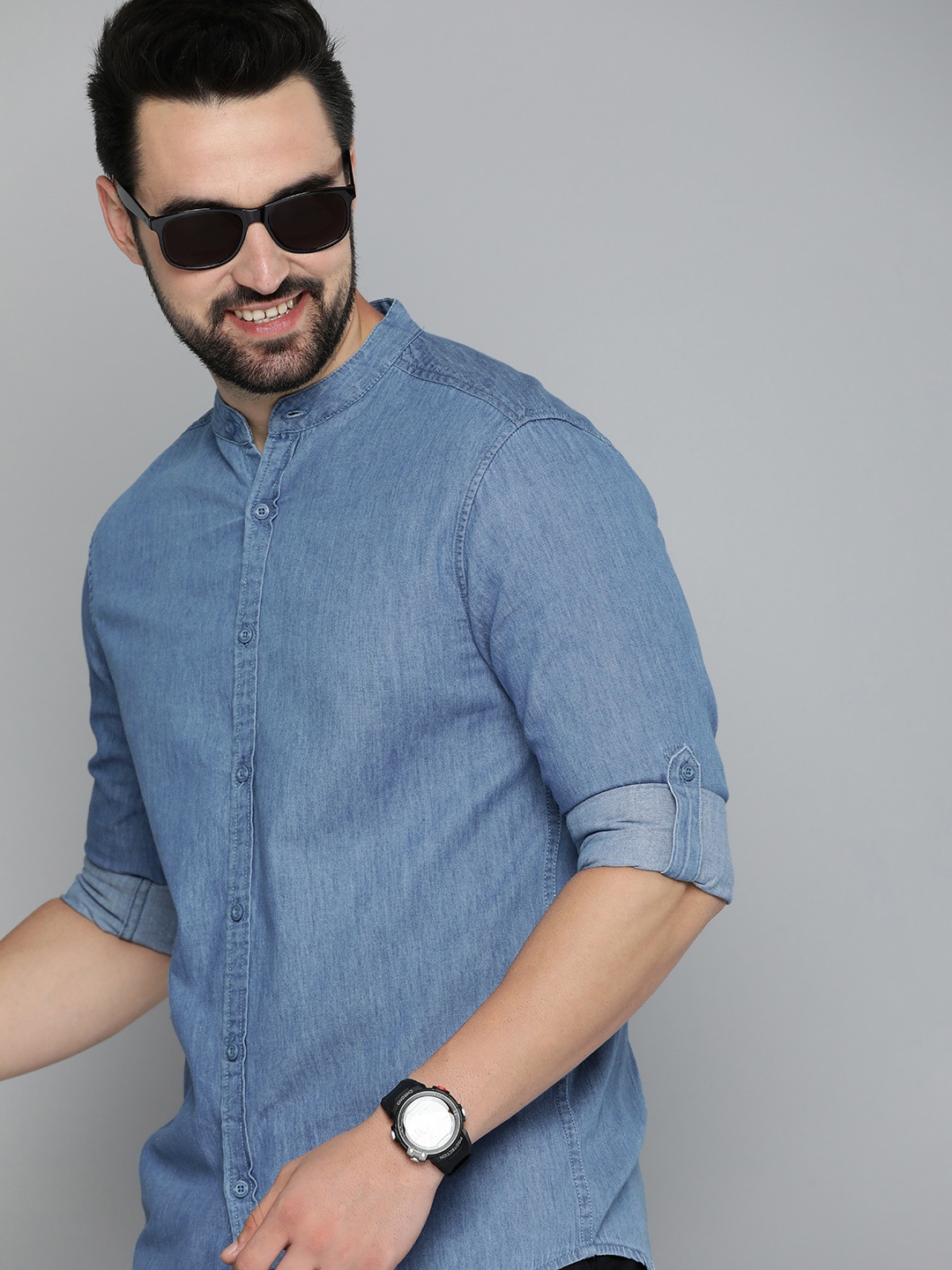 

HERE&NOW Men Pure Cotton Slim Fit Chambray Opaque Casual Shirt, Blue
