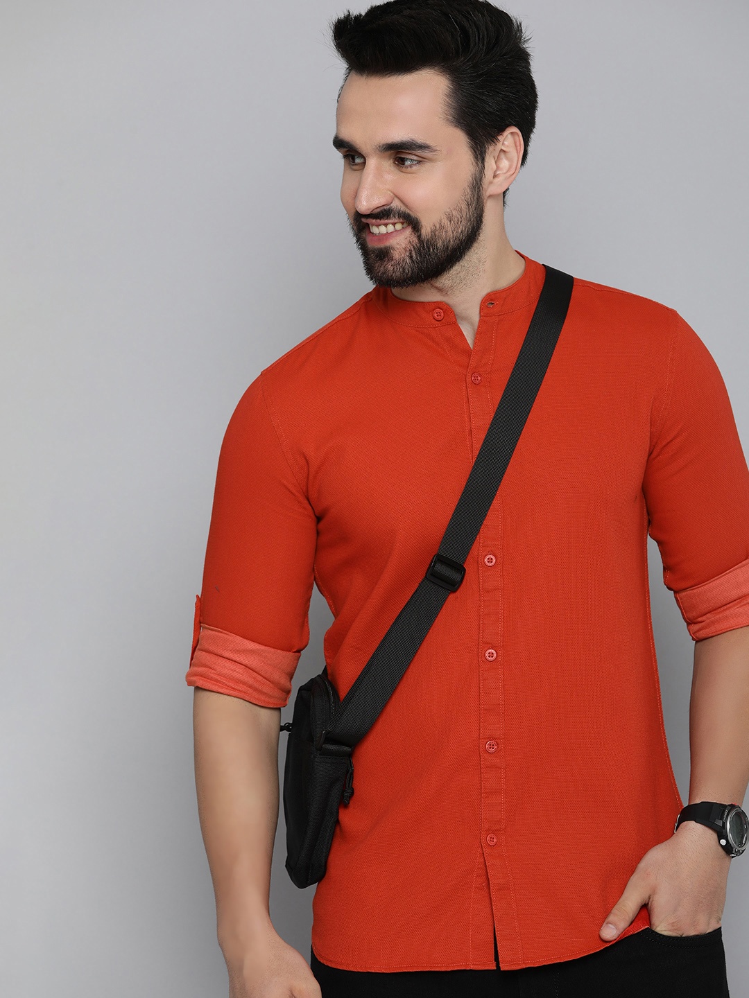 

HERE&NOW Textured Slim Fit Pure Cotton Casual Shirt, Coral