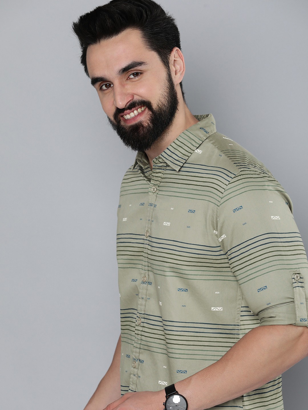 

HERE&NOW Slim Fit Horizontal Striped Pure Cotton Casual Shirt, Olive