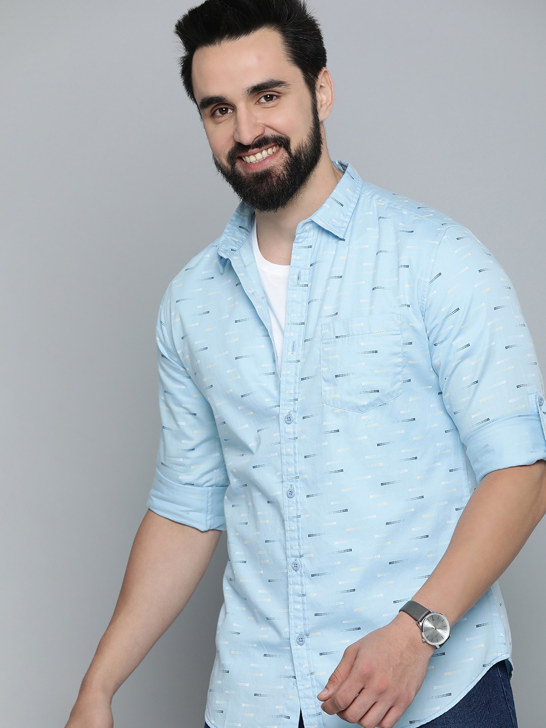 

HERE&NOW Men Blue Slim Fit Geometric Printed Pure Cotton Casual Shirt