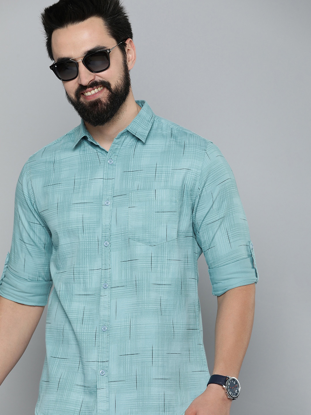 

HERE&NOW Men Pure Cotton Slim Fit Checked Casual Shirt, Blue