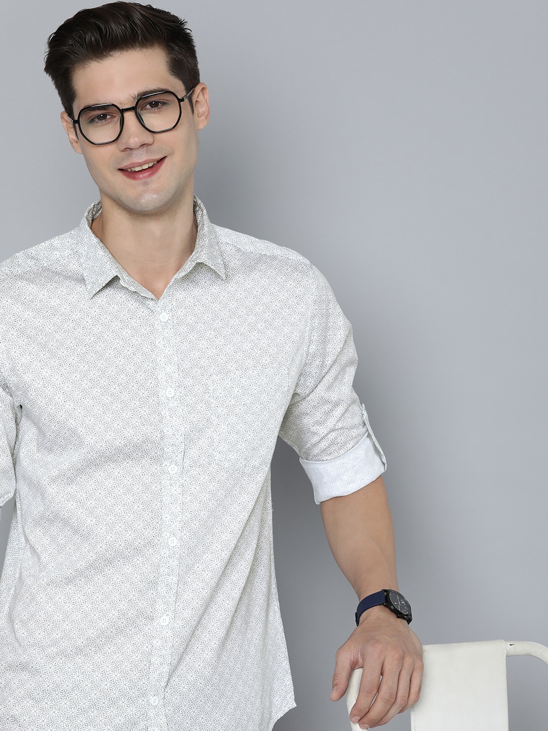 

HERE&NOW Men Pure Cotton Slim Fit Ethnic Motifs Printed Casual Shirt, White