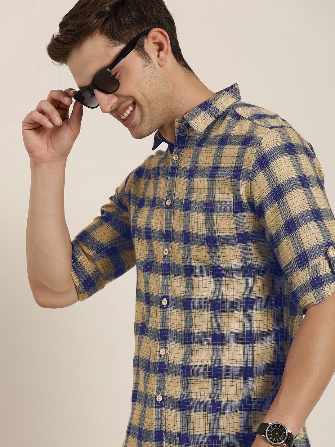 

HERE&NOW Slim Fit Checked Casual Shirt, Beige